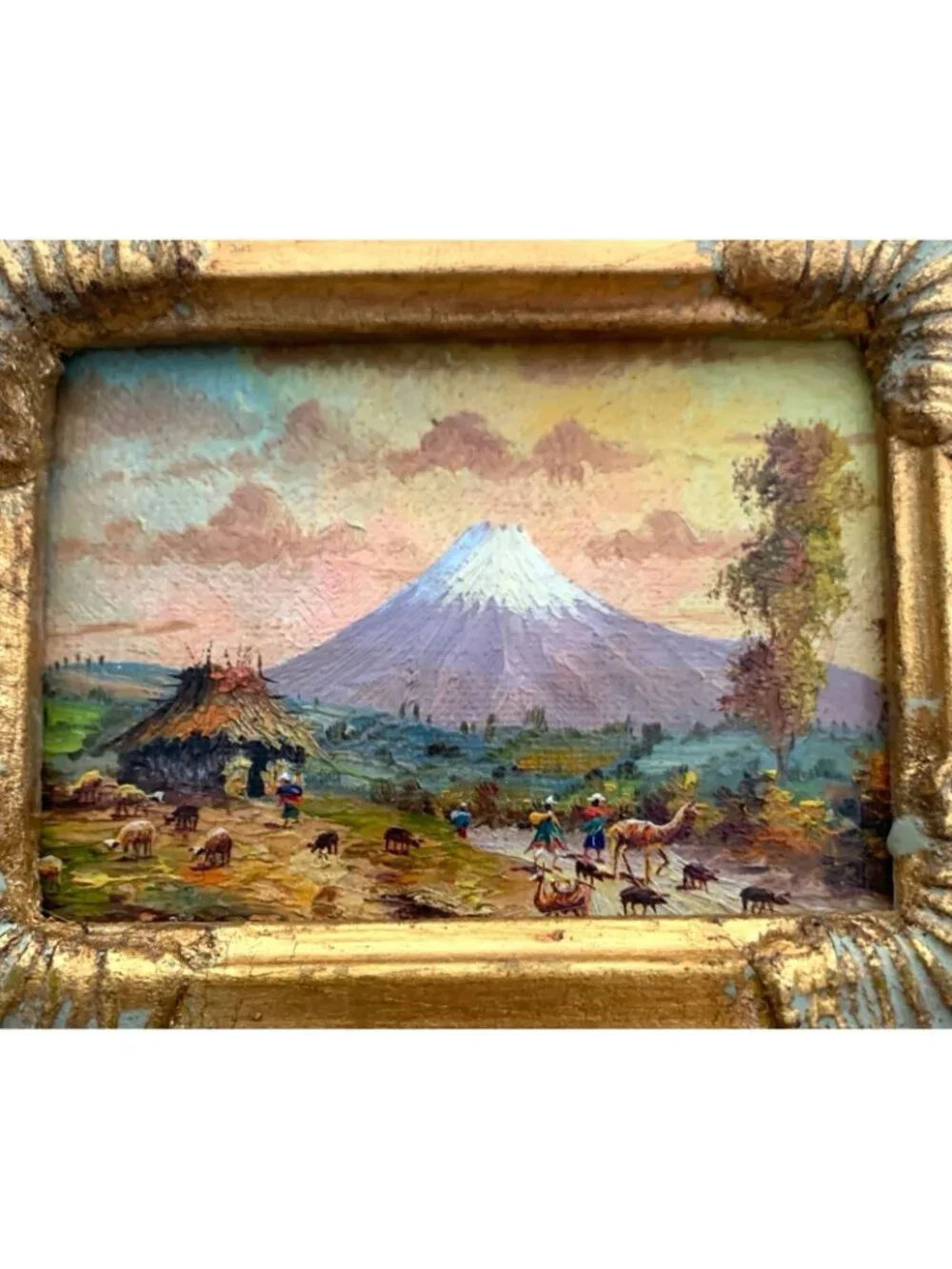 Volcano Painting Peruvian Landscape Original Mini Oil on Board Vintage Folk Art